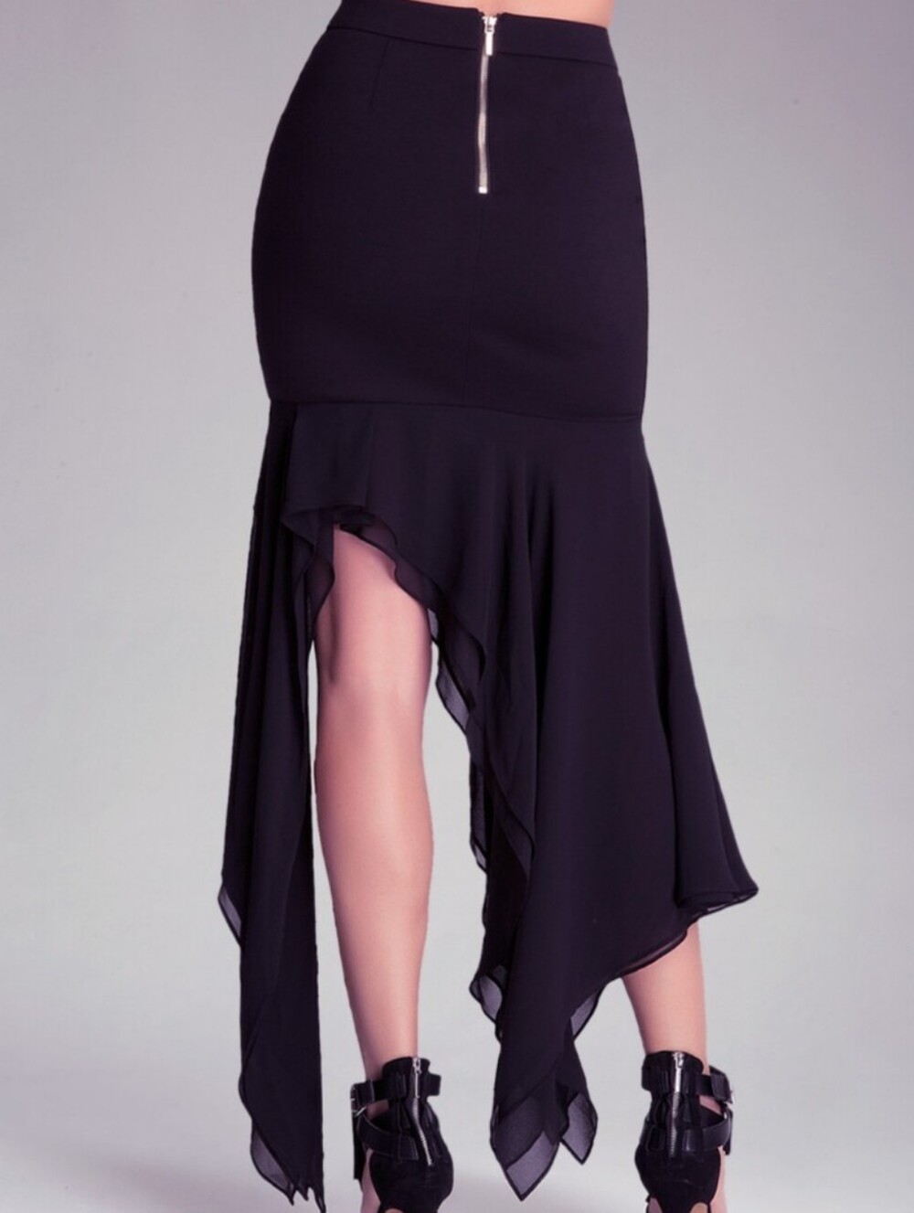 bebe Black Asymmetrical High-Low Zip Skirt